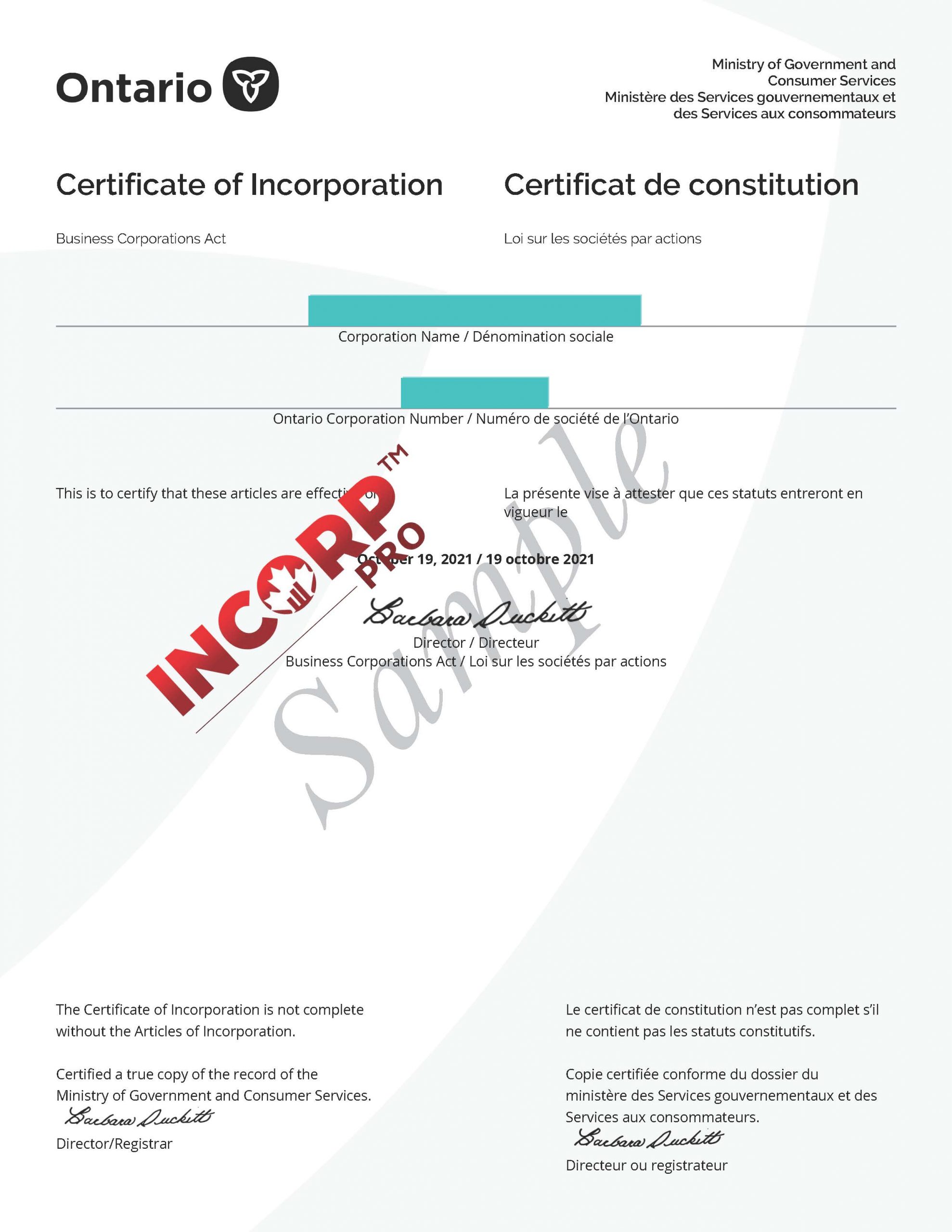 Ontario Certificate of incorporation Incorporation Pro