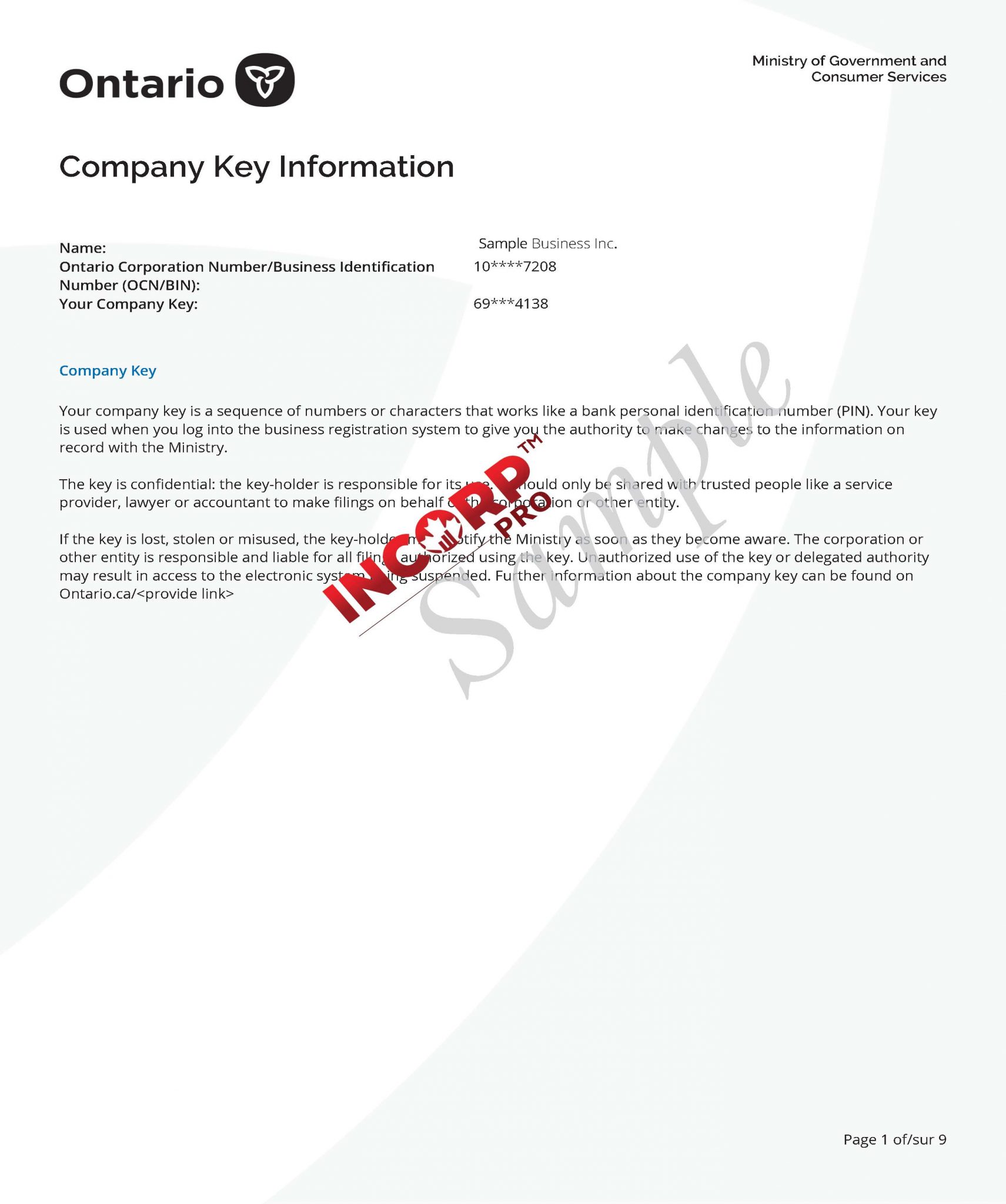 Sample of Company Key Incorporation Pro