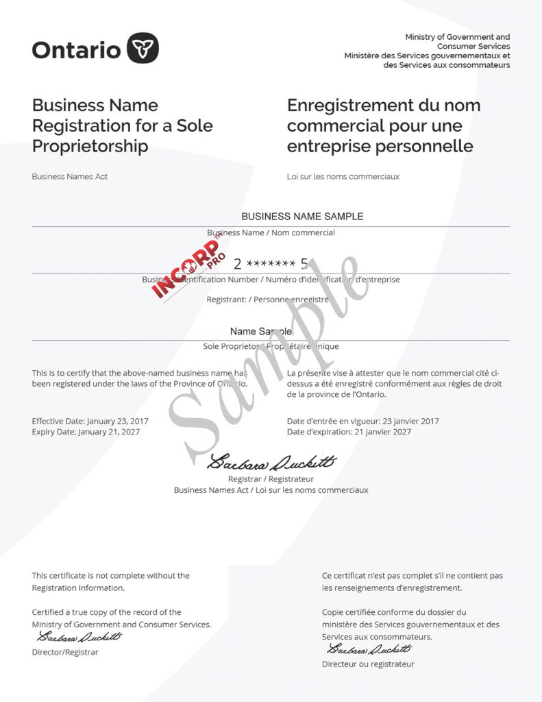Ontario Sole Proprietorship Sample Incorporation Pro