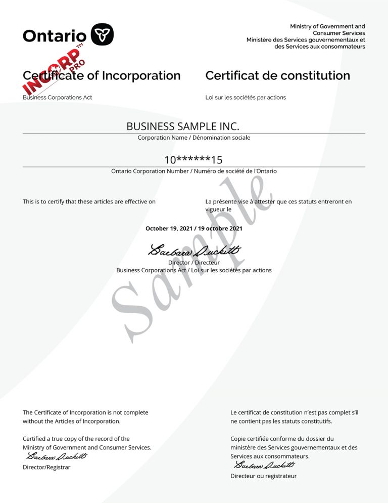 Sample for Ontario Certificate of incorporation Incorporation Pro