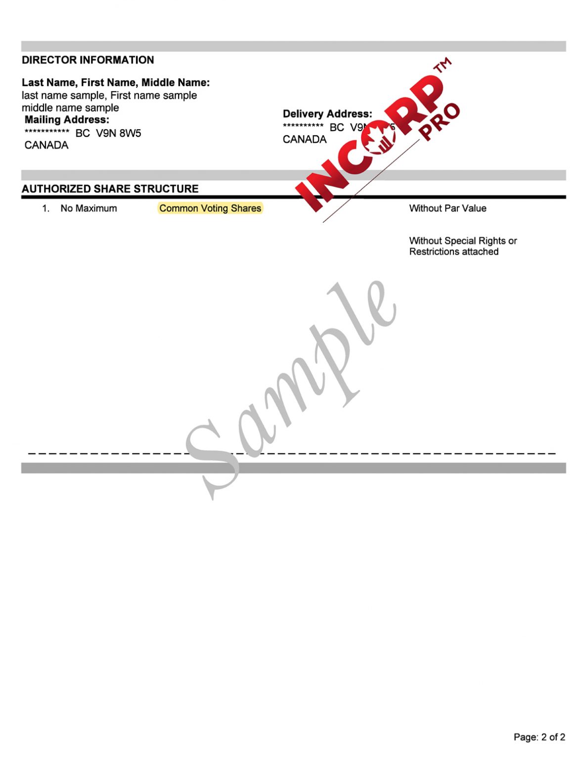 Standard Articles of Incorporation Sample BC Incorporation Pro