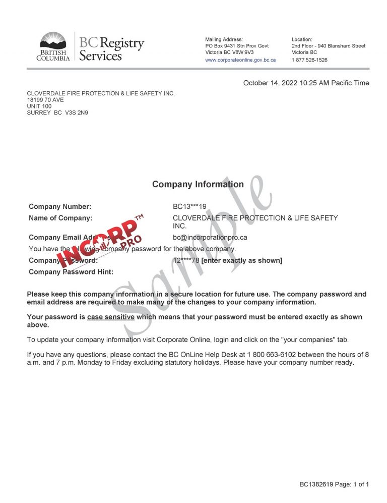 BC Company Password Incorporation Pro