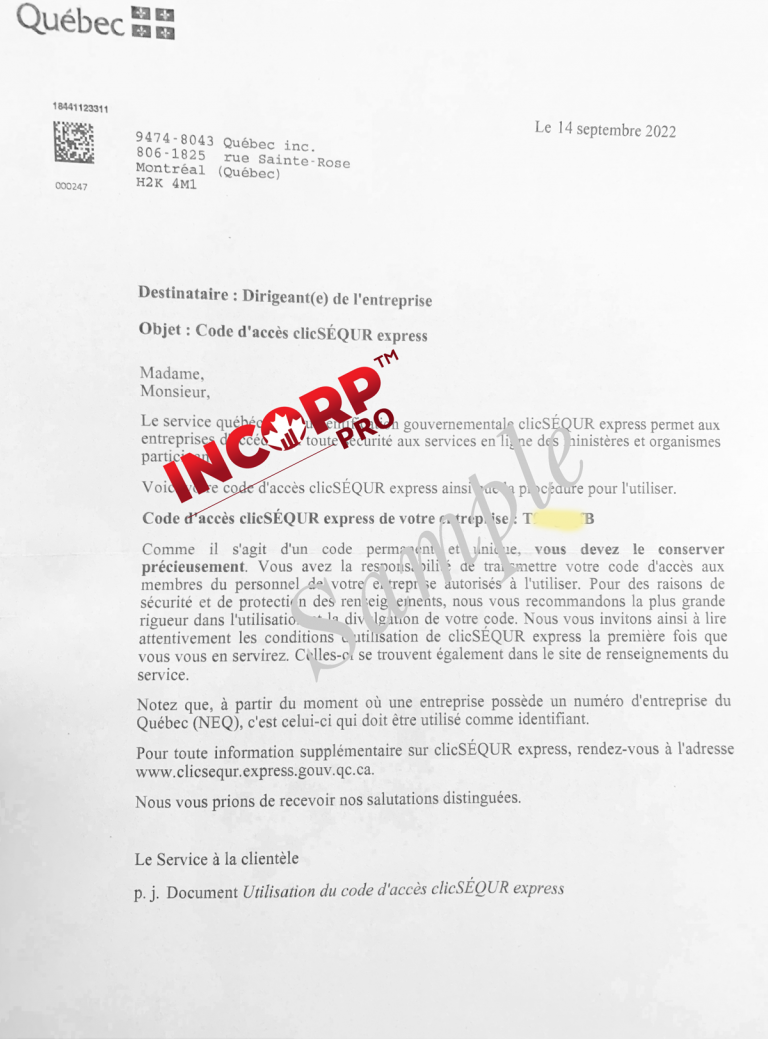 Quebec ClicSÉQUR Code - Incorporation Pro