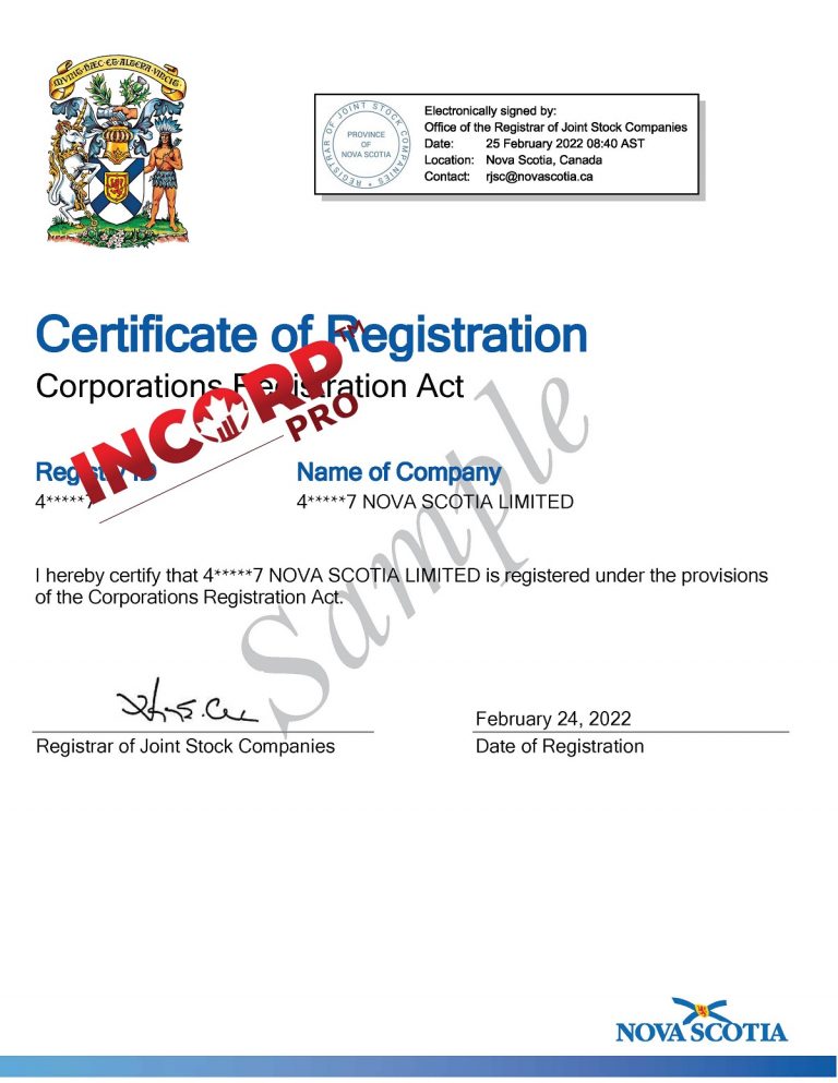 Certificate of Incorporation Nova Scotia Incorporation Pro